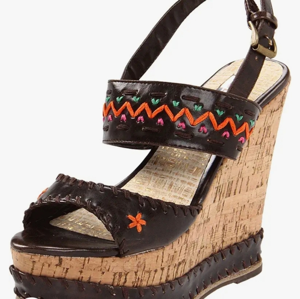 Brown Strappy Cork Wedge Sandals SZ 8